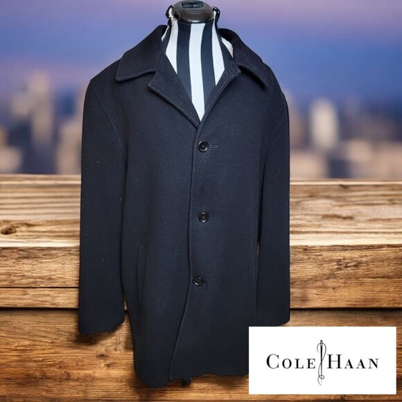 Cole Haan Men's Wool Car Coat with Leather Style Trim - Mens Size M